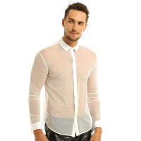 Sexy Mesh See Through Men Undershirts Transparent Clothing Long Sleeve Top T-Shirt Fashion Party Clubwear Black Undershirts