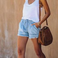 【Feb】 Summer Womens Shorts Jeans Denim Female Solid Color Pocket Tassel Drawstring Bottom Casual Denim Shorts шорты женский