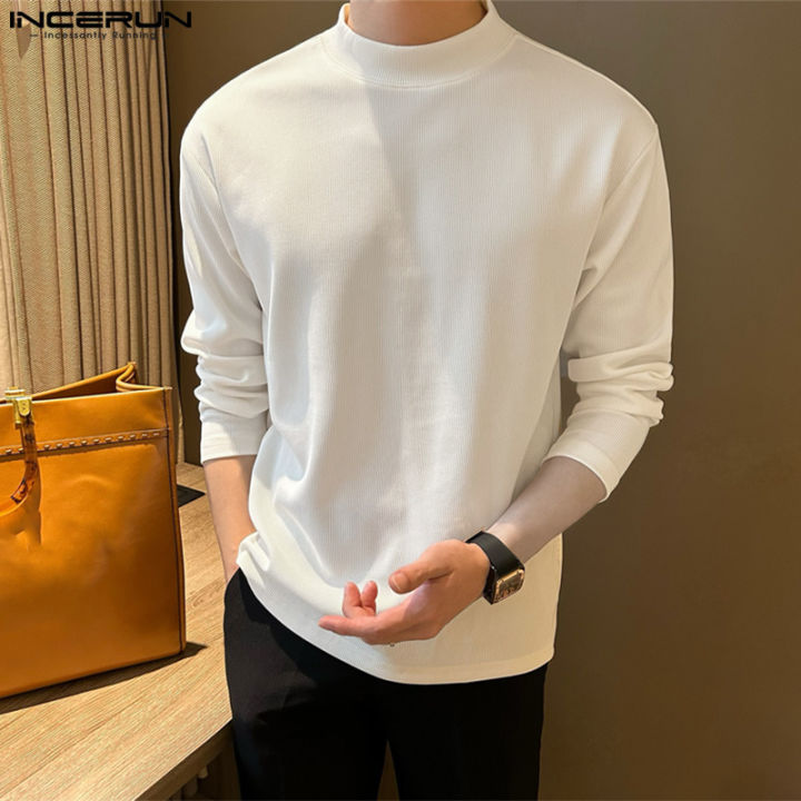 INCERUN Mens Long Sleeve Business Casual Simple Plain Tee Top Half ...