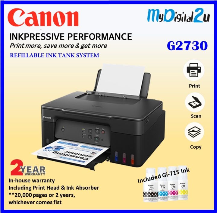 Canon Pixma G2730 3 In 1 Aio Printscancopy Refill Ink Tank Printer Lazada 8375