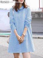 【hot】✧  ZANZEA Fashion Checked Woman Sleeve Lapel Neck Shirtdress Female Sundress Knee Length Robe