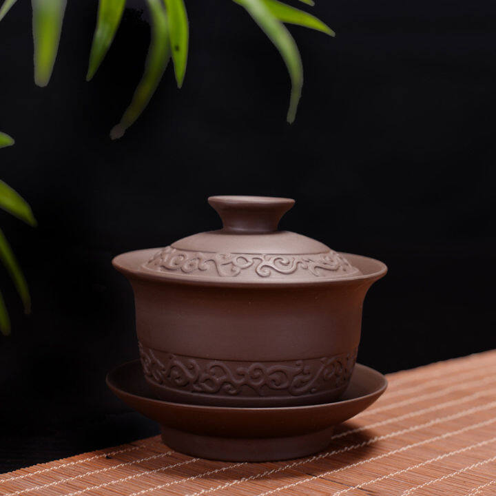 สีม่วงดินชา-tureen-gaiwan-จีนชามชาเซรามิกชุดครอบคลุมชามที่มีฝาปิดถ้วยจานรองจีนถ้วยชาม-drinkware