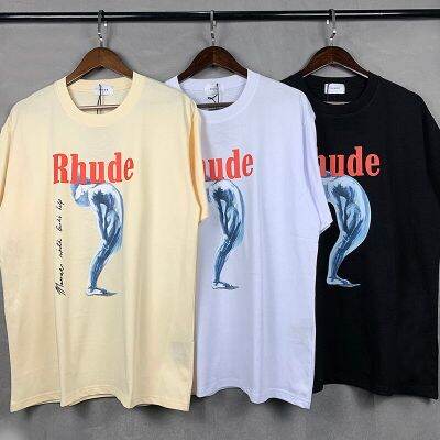 Best Quality Black White Apricot Tricolor T-Shirt Rhude Hd 3D Printing T-Shirt Men 1:1 Summer Cotton T-Shirt