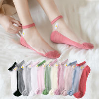 JAMMZA nd Summer Transparent Socks Women 5Pairs Lot Socks Ankle Silk Ultra-thin Daisy Flower Fashion Korean Style Girls Cute