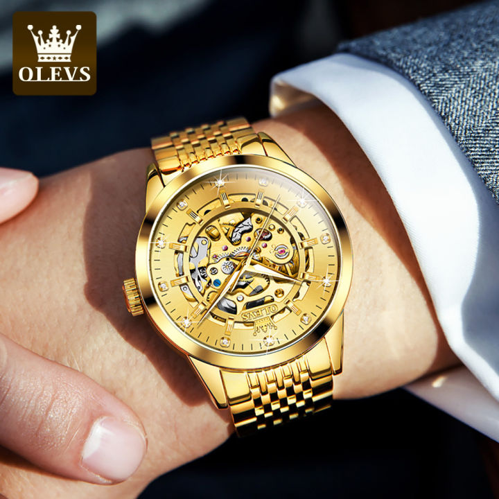 olevs-ผู้ชายทองอัตโนมัตินาฬิกาข้อมือเดิมกันน้ำหรูหรานำเข้าโครงกระดูกนาฬิกาข้อมือสแตนเลส