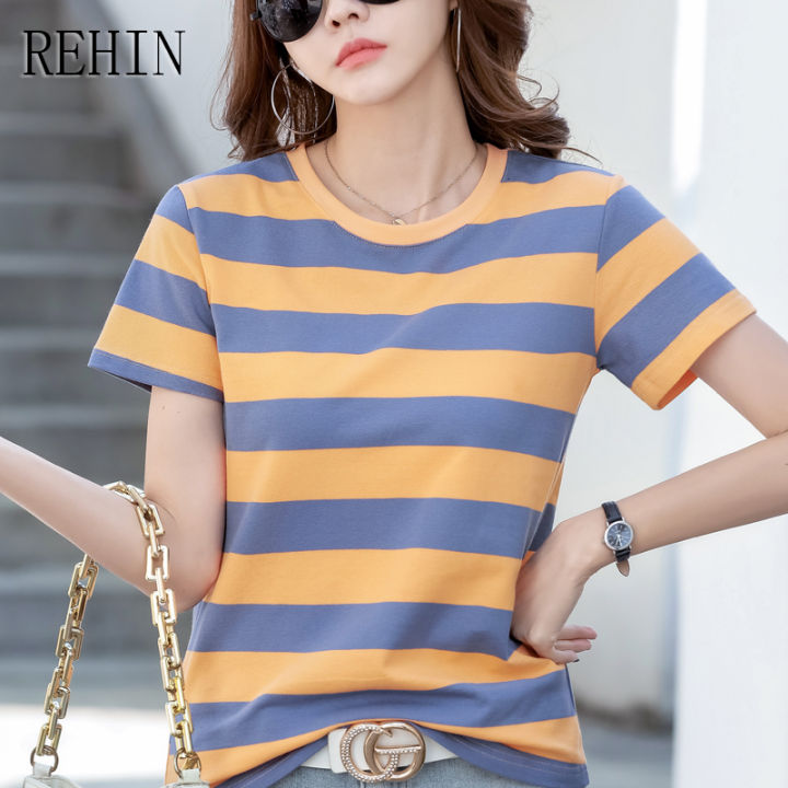 rehin-เสื้อยืดคอกลมแขนลำลองขาสั้นสำหรับผู้หญิง-เสื้อยืดคอกลมลายทางอเนกประสงค์ทรงหลวมแฟชั่นสไตล์เกาหลีแบบใหม่ฤดูร้อน