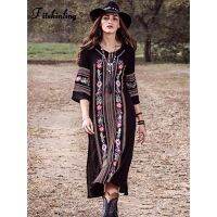 Ethnic Style Embroidery Beach Dress Holiday Vintage Side Split Black Pareos 2022 Bohemian Slim Dresses For Women New