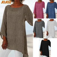 JOJOZ เสื้อยืดแขนยาวผู้หญิง,ผ้าลินินระบายอากาศสีทึบลำลองเสื้อดีไซน์ใหม่