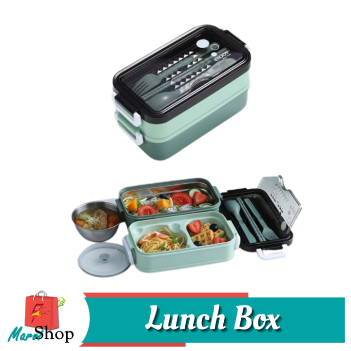 Doublelayer Microwave Lunch Box Set With Dinnerware Set Leakproof
