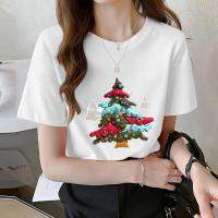 Merry Christmas Holiday เสื้อยืดเสื้อยืดเสื้อยืดกราฟิกสำหรับผู้หญิงสุขสันต์วันปีใหม่ลำลองสไตล์90S ลายต้นไม้สีน้ำแขนสั้น