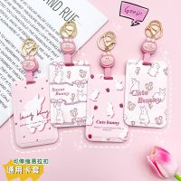 1 Pcs Girl Pink Bunny Card Holder Campus Student Badge Card Protective Cover Universal Cartoon Lanyard Card Holder Card Holders