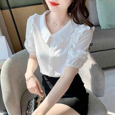 เสื้อชีฟองสีขาวคอตุ๊กตาสำหรับผู้หญิงสไตล์เกาหลีเสื้อผ้าแฟชั่นใหม่ฤดูร้อน