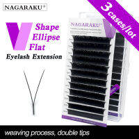 NAGARAKU 3 Cases Lot V-shape Ellipse Flat Split Tips Eyelash Extension Weaving Progress Double Tips Easy-fans Eyelash Super Soft