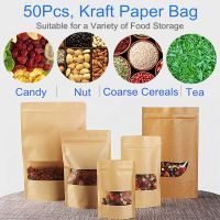 Kraft Zip Lock Paper Bags Reusable Food Bag Stand Up Pouches with Matte Window 50Pcs Brown(14x20cm) Food Storage Bag Seal Food Storage Dispensers