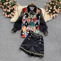 Summer Women Two Piece Set Flower Print Mesh Lantern Sleeve Patchwork Black Weave Shirts Top + Button Pocket Shorts Sets