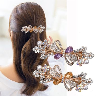 Korean diamond pearl hairpin womens Crystal Bow Hair Ornament exquisite diamond spring clip