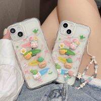 เคสโทรศัพท์ลายตุ๊กตา3D รูปสัตว์กระบองเพชรน่ารักสำหรับ iPhone 14 13 12 Pro Max Plus 11พร้อมสร้อยคอแบบจี้ห้อยขอบคลื่นโปร่งใสฝาครอบ TPU แบบนิ่มกันกระแทก