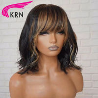 Highlight Blonde Full Machine Made Wigs With Bangs Honey Blonde Color Remy Brazilian Short Bob Wavy Human Hair Wigs For Women