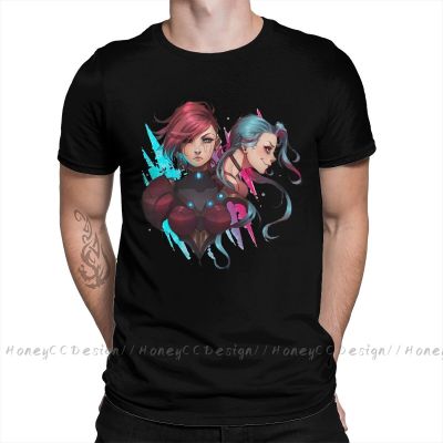 Arcane League Of Legends Animated T-Shirt Men Top Quality 100% Cotton Short Summer Sleeve Vi And Jinx Casual Shirt Loose