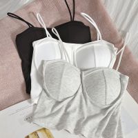 HOT★ผู้หญิงสีทึบสี Camisole ด้าย Push Up Bralet ฟรีสายบางสั้นรัดตัว Top แขนกุดสบายๆเสื้อยืดเสื้อกั๊ก