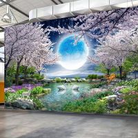 {KUT Department Store} ภาพจิตรกรรมฝาผนังที่กำหนดเองกระดาษ Moon Cherry Blossom Tree ธรรมชาติภูมิทัศน์ภาพวาดผนังห้องนั่งเล่นห้องนอนภาพวอลล์เปเปอร์ตกแต่งบ้าน