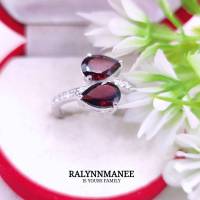 W6409 แหวนพลอยโกเมนแท้ ( Garnet ) ตัวเรือนเงินแท้ 925 ชุบทองคำขาว มีไซส์ 52,55 แก้ไซส์ฟรี