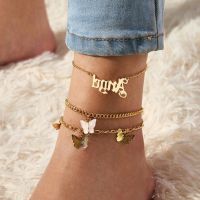 Vacation holiday Anklet Sea beach Jewelry Personality Multi layer Letter Angel Foot Ornament Temperament Pink Butterfly Anklet