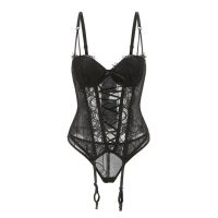 Black Lace Up Corset Top and Panty Bandage Sexy Corset Lingerie Bustier Erotic Women Lace Push Up Bra Underbust Corselet