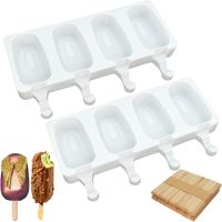 hot【cw】 Popsicle Molds (Set of 2) Large Silicone Pop 4 Cavities Oval Homemade Maker with 50 Sticks