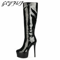 Women Knee High Boots Patent Leather Round Toe Platform Thin Heels Women Shoes High Heel Zipper-Sid Solid Color Botas De Mujer