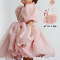 Fashion Girl Princess Vintage Dress Tulle Child Vestido Puff Sleeve Pink Wedding Party Birthday Tutu Dress Child Clothes 2-8Y