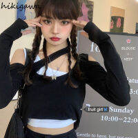 Hikigawa 2023 Shirts For Women Korean Woman Tshirts Chic Fake Two Long Sleeve Off Shoulder Tees Tops Harajuku Black Y2k T-Shirt