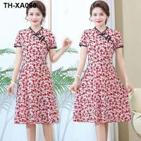 Mothers Short Sleeve Buckle Collar Improved Cheongsam Middle-aged Womens Above-knee Skirt