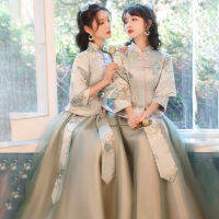 สีชมพูและสีเขียว2ชิ้นผู้หญิงสไตล์จีนเครื่องแต่งกายเลดี้ชุดเพื่อนเจ้าสาวรสสูทพรรคแสดง Cheongsam แต่งงานคอสเพลย์