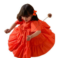 Vintage Dress Age For 2 - 8 Years Baby Girls Chiffon Short Sleeve Dress 2021 New Summer Beach Style Orange Loose Kids Frocks