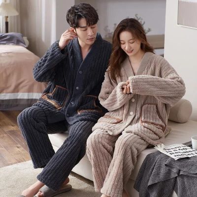 new lovers pajamas leisure cartoon loose more men and women add wool warm flannel suits