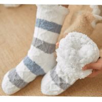 Plush Floor Socks Women Winter Warm Soft Coral Fleece Female Striped Comfy Bedroom Silicone Non Slip Thermal Slippers Sock Fuzzy Socks Tights