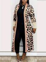 xiaopo Plus Size Longline Leopard Print Colorblock Cardigan Coat, Womens Plus Slight Stretch Elegant Coat