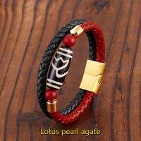 Long Oval Lotus Dzi Natural Agate Safe Two-Color Ethnic Style Ladies Bracelet 316L Stainless Steel Leather Rope Bracelet