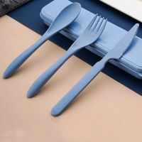 0210 Spoon Fork Knife Wheat Straw Cutlery Set 3PCS With Box Portable Travel Lunch Tableware Students Dinnerware Kitchen Flatware Sets