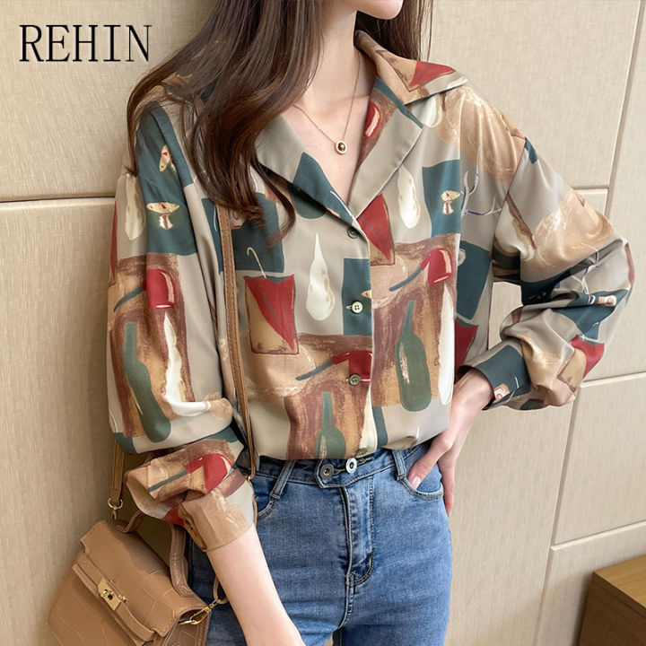 rehin-เสื้อผู้หญิงแฟชั่นใหม่ฤดูใบไม้ผลิวินเทจฮ่องกงพิมพ์ลายเสื้อแขนยาว