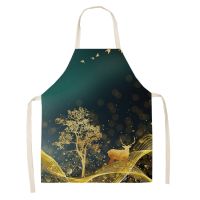 Golden Deer Butterfly Kitchen Aprons for Women Cotton Linen Bibs Household Cleaning Tools Pinafore Home Cooking Apron 68*55cm