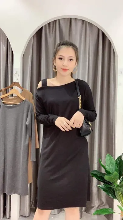 Váy len suông dài tay thu đông trễ vai, đầm len suông dáng dài xinh xắn – No Brand >>> top1shop >>> lazada.vn