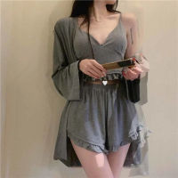 Pajama Set Woman 3 Pieces Sexy Suspenders Loose Shorts Sleepwear WomenS Spring And Summer New Japanese Long-Sleeve Nightgown