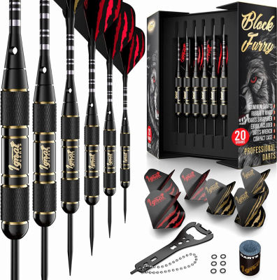 IgnatGames Darts Metal Tip Set - Professional Darts with Stylish Case and Darts Guide, Steel Tip Darts Set with Aluminum Shafts + Rubber ORings + Extra Flights + Dart Sharpener and Wrench Cherry - Black Furry
