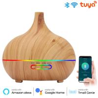 Wood Grain Smart Life Tuya Wifi Dual Mode 400Ml Tuya Essential Oil Diffuser ทำงานร่วมกับ Alexa และ Home Voice Control Timing