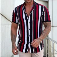 New Mens Shirt Fashion Stripes Print Short Sleeve Tees Summer Shirt Men Turn-down Collar Button Casual Blouse Mens Clothing