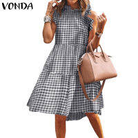 VONDA Women Summer Sleeveless Ruffled Cuff Vintage Plaid Midi Dress