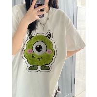 COD 100% cotton cartoon little monster short-sleeved mens t-shirt womens summer loose ins niche plush embroidery couple