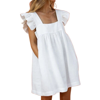 Summer Square Neck Ruffle Butterfly Sleeve Square Neck Short Mini Ruffled Dress